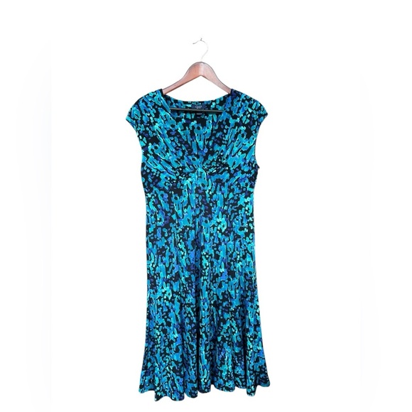 Chaps Women’s V Neck Blue Green Geometric Stretchy A Line Dress Size Large - Picture 1 of 5